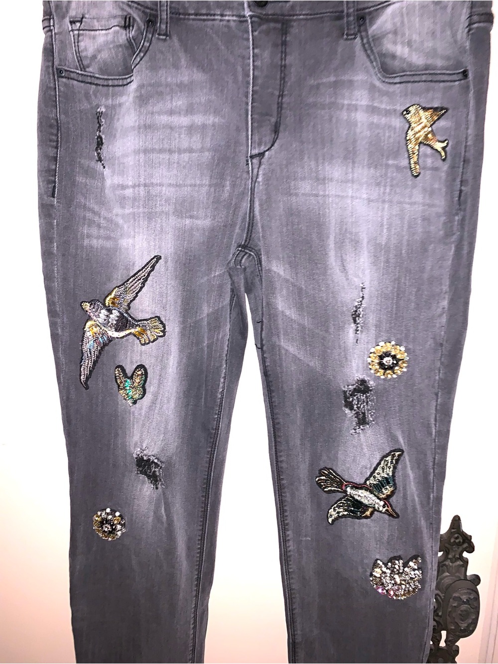 Embellished Distressed Black Women’s Jeans with Bird & Floral Patches